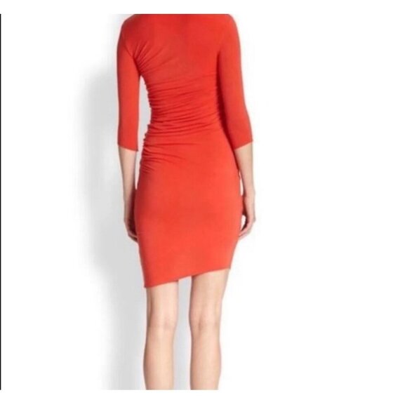 Helmut Lang | Asymmetric Nova Ruched Jersey Fitted Midi Dress Coral Red Size XS - Picture 2 of 10